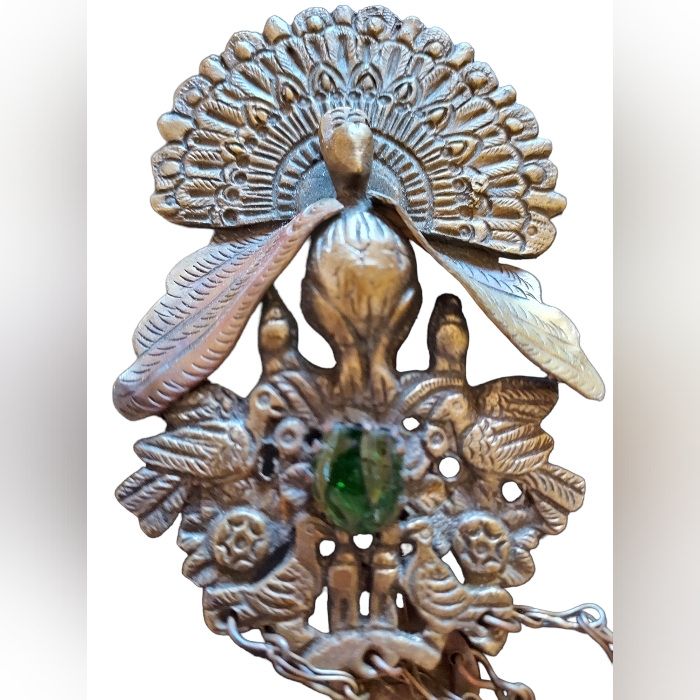 Antique Mantu Shawl Brass Fanned Out Peacock Brooch Bird Pin Green Cabochon Peru 75$